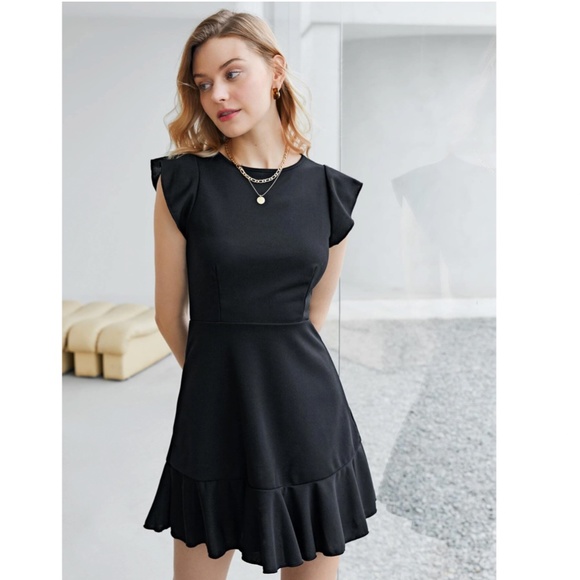 Black Ruffle Trim Short Dress - Picture 6 of 8